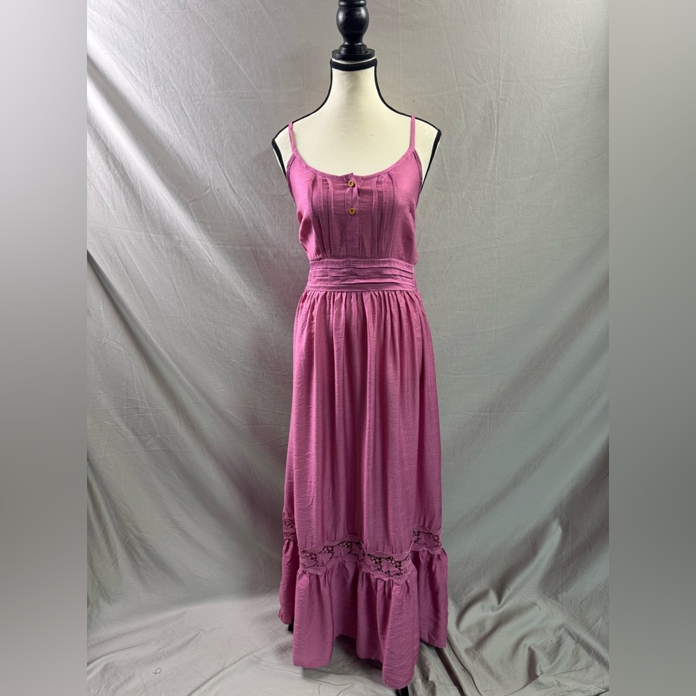 Boho Shirred Ruffle Lace Hem Maxi Dress Pink - Picture 6 of 9